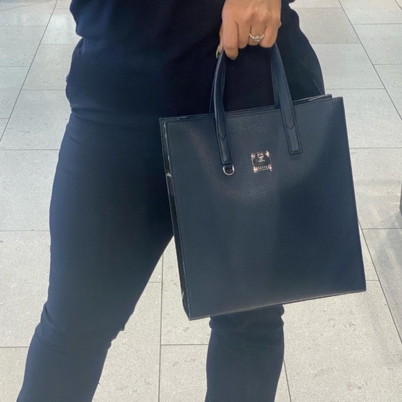 MCM Navy/Black Leather Messenger Tote Bag with Camo/Floral Print - Picture 6 of 12